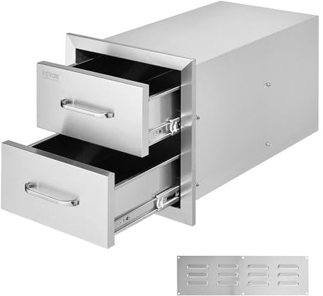 VEVOR Outdoor Kitchen Drawers 14 W x 14.3 H x 23 D Stainless Steel, Cabinets Trash Drawer/Door/Combo, for BBQ Island, Patio Grill Station, Access Door Drawers, Handle, Smooth Sliding Rail