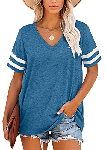 MOLERANI T-Shirts d'été pour Femmes à Manches rayées et col en V（Bleu foncé，2XL）