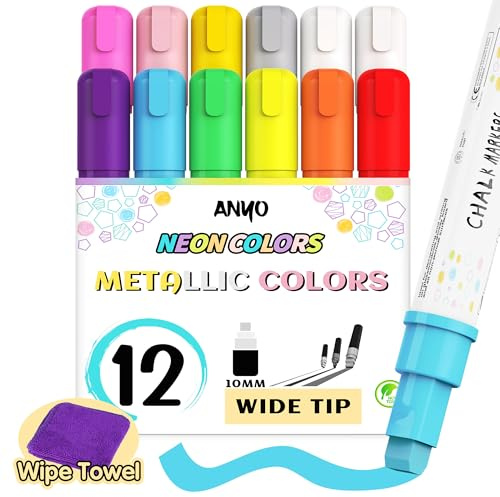 Anyo 12 Pack Chalk Markers for Blackboard, Window Paint with 10mm 3-in-1 Wide Nib Tip, Metallic & Neon Color Wet Erase Window Markers for Glass Washable, Glass, Mirror, Blackboard, Bistro, Menus