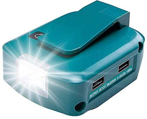 ADP05 Source d'alimentation pour Batterie au Lithium-ION Makita 14-18V YEX-BUR Adaptateur de Chargeur de téléphone USB avec Deux Ports USB, Port 12V DC, Lampe de Poche LED 3W