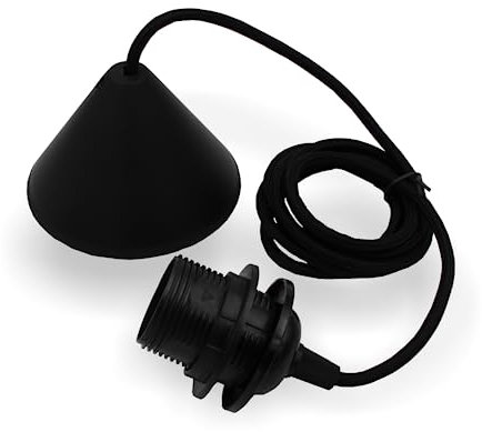 Schnurpendel, Hängefassung, Pendelleuchte mit Textilkabel, Baldachin und E27 Fassung & Schraubring für Lampenschirme | Schwarz oder Weiss | 2000mm (Schwarz)