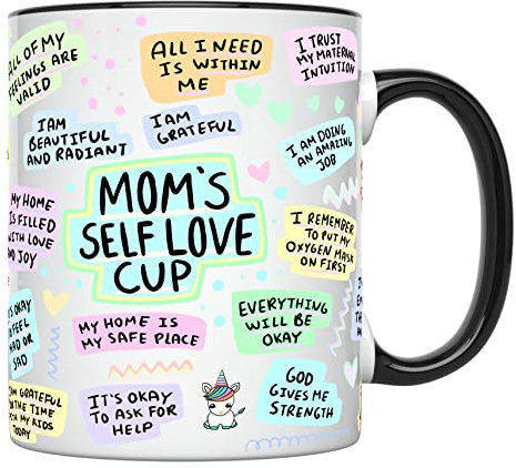 YouNique Designs Selbstpflegende Mama-Tasse für Frauen, 325 ml, tägliche Affirmations-Mama-Kaffeetasse, Postpartum-Mam-Tasse, Kaffeetasse für geistige Gesundheit, Entspannungstasse (schwarzer Griff)