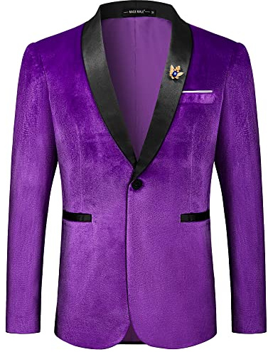 MAGE MALE Men's Velvet Slim Fit Suit Blazer Jacket Shawl Lapel One Button Dinner Prom Wedding Tuxedo Purple