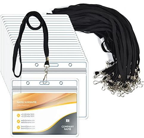 50Pcs Durchsichtiger Kunststoff Horizontale Namensschilder Abzeichen ID Kartenhalter und 50Pcs flache Hals-Schlüsselband mit Swivel Haken, schwarz