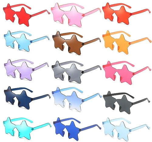 CAASFOOY 15 Pares Gafas de Fiesta, Gafas de Sol Transparentes Color Caramelo Gafas en Forma de Estrella Hippie Retro, Accesorios de Fotomaton, Gafas de Fiesta
