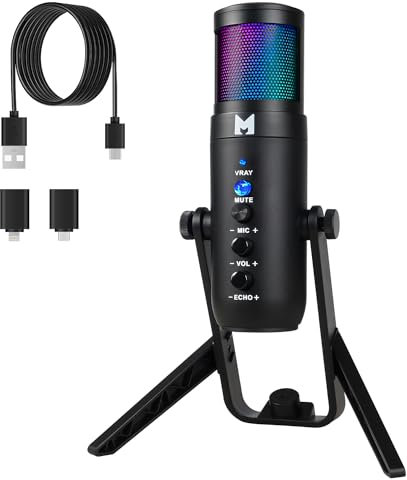 MUTOUHE USB Mikrofon PC, Gaming Mikrofon für Streaming Podcast Voiceover, USB C Kondensator Mikrofon mit RGB-Steuerung, Kompatibel mit Handy, PC, PS4, PS5, and Mac