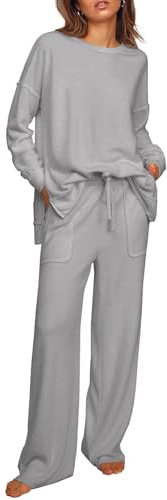 Ekouaer Womens Tracksuits 2 Piece Long Sleeve Outfits Micro Fleece Sweatsuit Sets Wide Leg Sweatpants Light Gray Medium