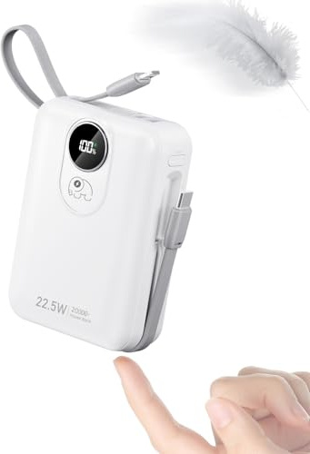 20000mAh Power Bank con Cable Incorporado: Batería Externa de Carga rápida de 22.5W para teléfono móvil, Battery Pack USB C (Entrada y Salida), Cargador portátil con 4 Salidas y 2 entradas-Blanco