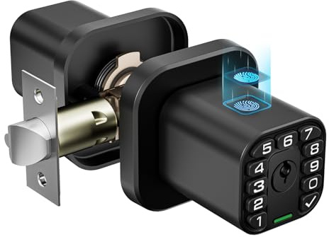 Richelock Fingerprint Door knob, Smart Biometric Door Lock with Keypad, Keyless Entry Code Door Knob, Waterproof & Weatherproof , Auto Lock ,Voice Navigation, For Bedroom, Gate,Office -Matte Black