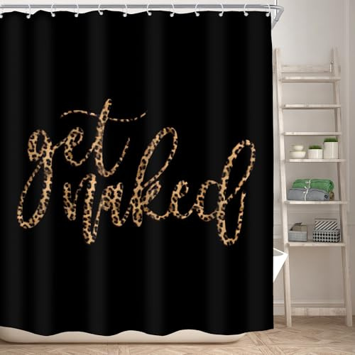 KOMLLEX Get Naked Shower Curtain Leopard Print Black Bathroom Decor Set for Men Funny Quotes Bath Curtain Modern Simple Cheetah Bathtub Accessories Art Home Decor 60Wx72H Inch