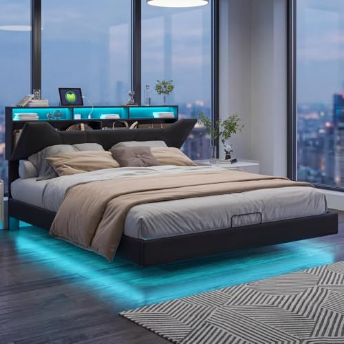 JiaOyu 140 x 200 cm stoppad säng med LED-belysning, förvaringssäng med hydraulik, justerbart huvudgavel och USB-C-laddningsport, elegant design i svart, utan madrass (140 x 200