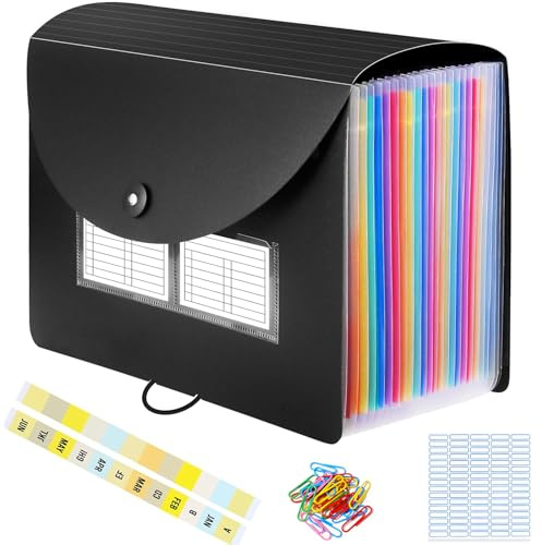 Carpeta Clasificadora A4, Expandible Carpetas Archivadoras de 24 Bolsillos, Archivador Acordeon con Tapa, Portátil Carpeta Separadores Documentos Archivadores para Escuela Oficina (Negro-B)