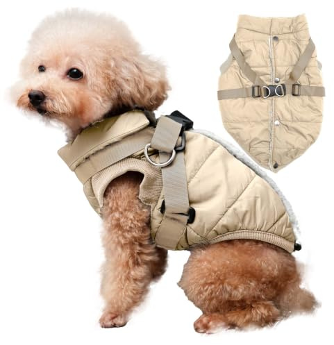 JoyDaog Chaqueta con arnés para perros, con forro polar, cálida, suave, resistente al viento, abrigo para el invierno, para perros pequeños y cachorros, color caqui, talla XS