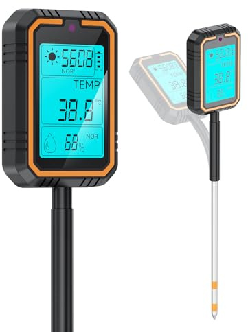 Medidor Digital de Suelo 4 en 1 Plantas, Medidor de pH del Suelo que Mide pH/Humedad/Temperatura/Intensidad/Luz,con Pantalla LCD Retroiluminada,para Jardinería/Césped/Invernadero/Jardín/Macetas/Granja