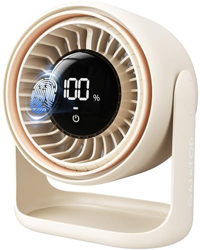Gaiatop Desk Fan, Touch Control LED Display Small Portable Fans, 5 Speeds Strong Wind, Ultra Quiet Rechargeable 4000mAh Battery Operated Table Desktop for Bedroom, Office (White Beige)