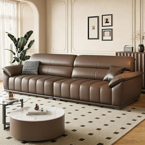 Italiensk modern enkel lädersoffa, massiv träram, rymlig och mjuk soffa, modern stor storlek, lämplig för vardagsrum/kontor/lägenhet.