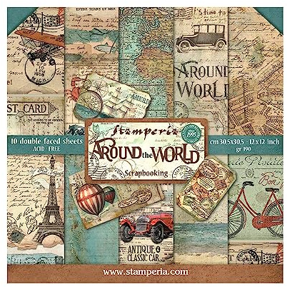Stamperia Bloc Papier Scrap double Face 10 feuilles 30,5x30,5 (12x12) -Around the world, Multicolore, 5cm SBBL28
