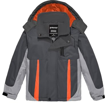 wantdo Boy's Waterproof Ski Jacket Windproof Insulated Winter Coat Hooded Puffer Parka Grey 14/16