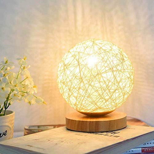 Fantasee Rattan Ball Lamp LED Table Bedside Light USB Powered Creative Birthday Gift Bedroom Home Bookroom Decor (Beige, Dia-15cm Dimmable)