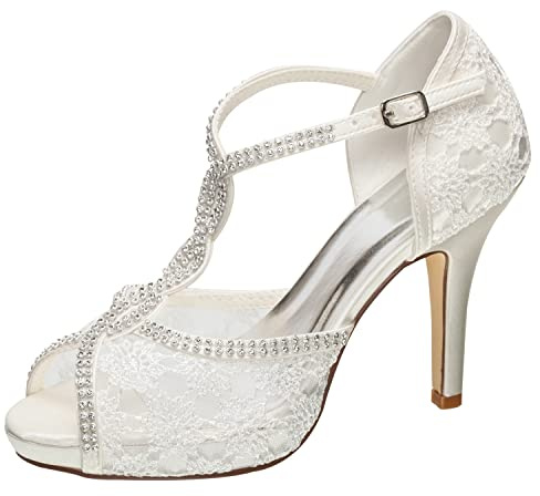 Emily Bridal Scarpe da Sposa Scarpe da Sposa con Tacco Alto e Cinturino alla Caviglia con Strass in Pizzo (EU39, Avorio)