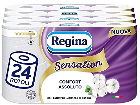 Regina Sensation - 24 Rotoli di Carta Igienica, 160 Soffici Strappi a 3 Veli, Morbida e Resistente, Con Estratto Naturale di Cotone, Confezione con il 60% di Plastica Riciclata, Certificata FSC®
