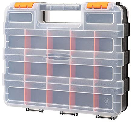 CASOMAN Double Side Tool Organizer with Impact Resistant Polymer and Customizable Removable Plastic Dividers, Hardware Box Storage, Excellent for Screws,Nuts,Small Parts, 34-Compartment, Black/Orange