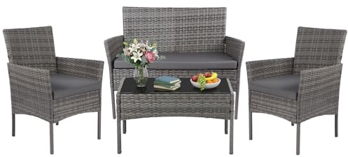 Panana 4 Piece Rattan Garden Furniture Set with Sofa, Chairs & Glass Table | 4-seater PE Rattan Sofa Set with Removable Cushions and Tempered Glass Table for Garden, Patio and Balcony Mixed Grey