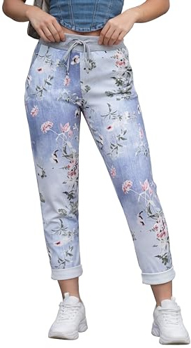 Love My Fashions Womens Multi Floral Check Tartan Print Italian Ribbed Waistband Casual Summer Trousers Jogging Exercise Running Cotton Outwear