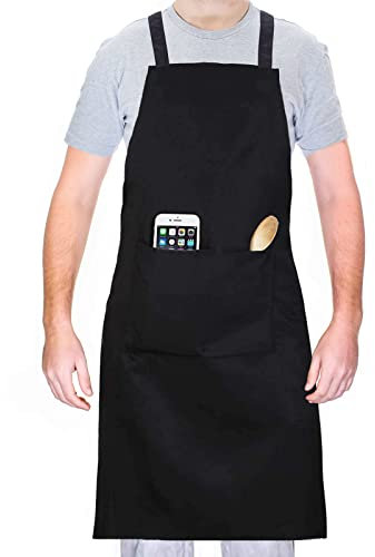 ILLUVA Wasserdichte Kochschürze mit Taschen, Schwarze Küchenschürze Grillschürze für Herren Damen