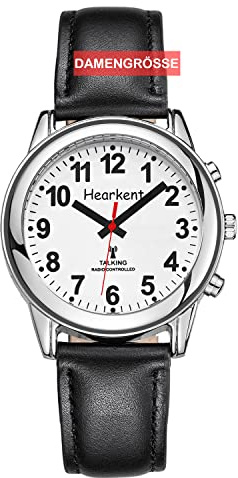 Hearkent Montre parlante Atomique française pour malvoyants, aveugles ou Personnes âgées avec Grands Chiffres et Bracelet Extensible (Cuir Noir, Homme)