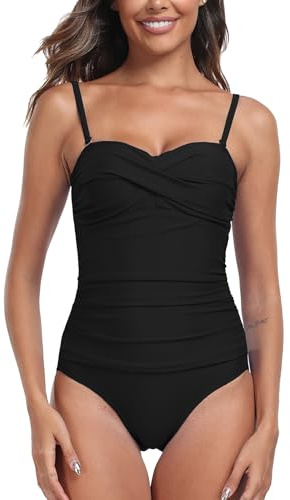 Derssity Women One Piece Swimsuit Ruched Tummy Control Swimming Costume Twist Push Up Swimwear Bandeau Bathing Suit(B,M)