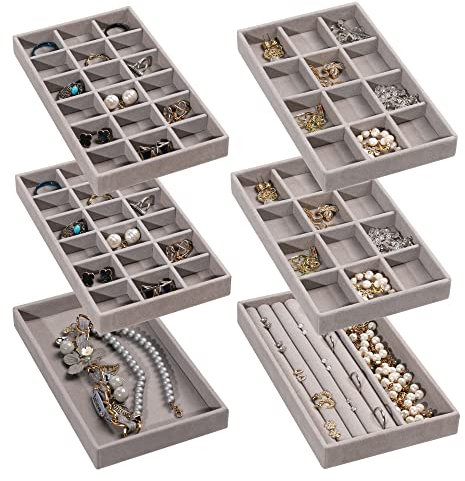 Frebeauty, Vassoio organizer per gioielli, impilabile, in velluto, inserto per cassetti, organizer per donne e ragazze, espositore per gioielli, anelli, collane, orecchini, set da 6 (grigio)