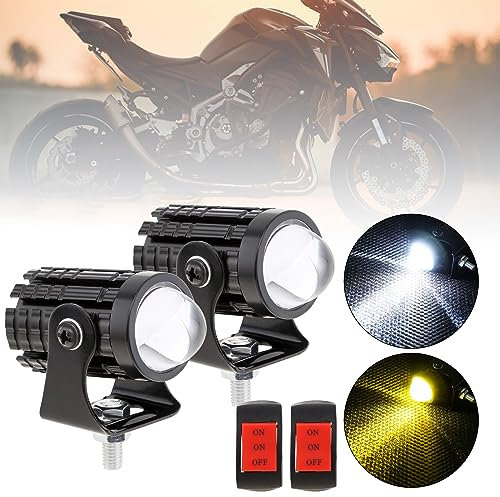 Windance 2pcs 32W LED Waterproof Motorcycle Headlight with Switch, Yellow White Dual Color Hi/Lo Beam Spotlight for Motorcycle,8V-80V 2400LM 3000K-6000K Aux Spotlight
