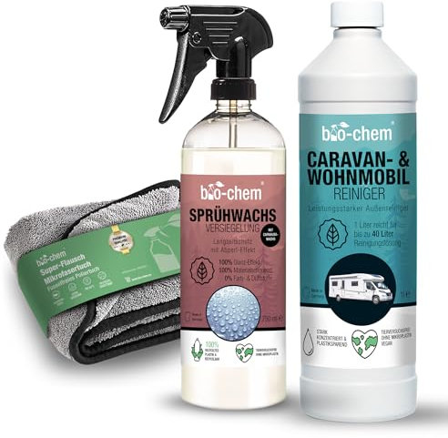 Bio-Chem - Detergente Esterno per Camper 1L + Protezione Vernice Spray 750ml + Panno in Microfibra - Set di 3 Prodotti per la Manutenzione Esterna di Caravan e Camper
