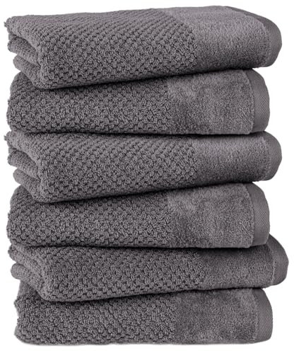 Pure Label 6-TLG. Handtücher Set mit Aufhängeschlaufen aus 100% Baumwolle, saugstark, weich und Oeko-TEX Zertifiziert - 6er Pack Handtücher 50x100 cm aus feinster Baumwolle, Anthrazit - Grau