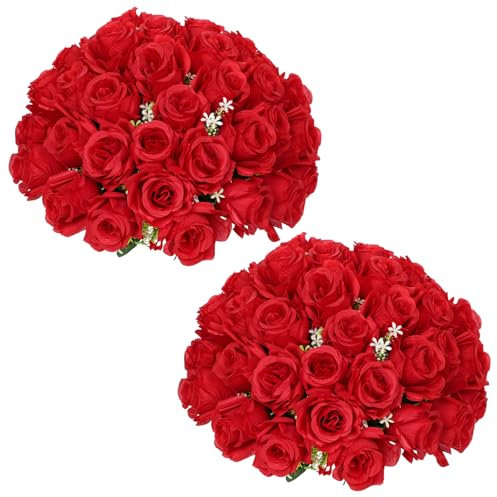 Briful 2-pack Artificial Flowers for Graves, Red Roses Bouquet Artificial Flowers Silk Roses Decorative Artificial Flowers Like Real for Indoor Outdoor Decorations
