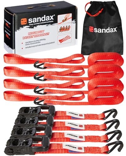 Sandax Set om 4 spännband, 6 m lång & 35 mm bred, LC 1 000 daN, STF 200 daN, tvådelade spännremmar med spärrspännband för lastsäkring för släpvagnar och transportörer I 6 meter spärrbälten