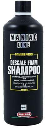 Ma-Fra, Maniac Car Detailing Line, Descale Foam Shampoo, Shampoo Acido Anticalcare 2in1 a Mano o Foam Gun, Elimina Contaminazioni di Calcare Causate da Macchie d'Acqua o Piogge Sabbiose Formato 1000ml