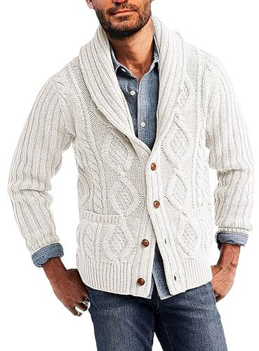 Mens Knitted Cardigan, Thick Knitted Jumper Long Sleeve, Cable Knit Jacket, Shawl Collar Button Knitwear Chunky Thermal Winter Outerwear Casual Solid Color Sweater Coat with Pcokets White