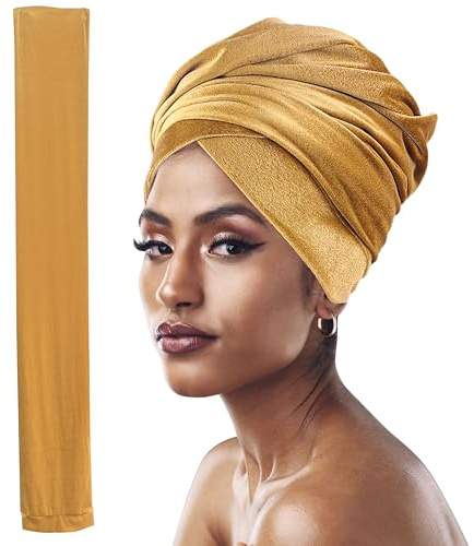 Headwraps for Black Women, 66 Extra Long Velvet Tube Hair Scarf Turban, Luxury Pleated Headscarf Ties Coverings Large Scarves, Stretch Headbands Caps Hijab for African Indian Locs Hats Swim (Gold)