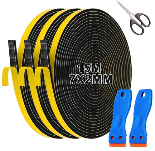lafo Nastro sigillante autoadesivo per porte e finestre, 3 rotoli da 7 mm (L) x 2 mm (D), 10 m di nastro sigillante Ceranfeld con piccolo raschietto e forbici, gomma espansa nera autoadesiva (3)