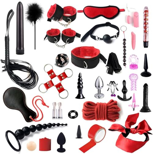 BDSM Sex Bondage Set 35 Pcs Sex Toys Fetish Leather for Couples Extreme Sex Bondage Set Handcuffs Whip Nipple Clamps Gag Butt Plug Set for Beginners and Experienced Couples