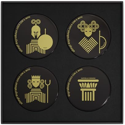Syrakous Mitomagneti, Set di 4 Calamite con Figure Dorate su Fondo Nero, Serie Picche, con Scatola Elegante e Poster