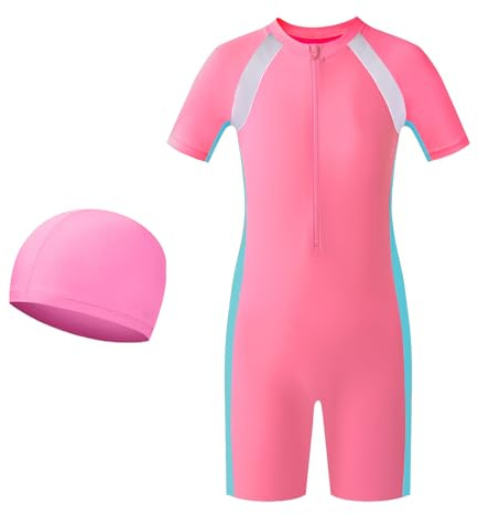 WUDEUI Girls Swimming Costume with Cap, Kids One Piece Swimsuit, Short Sleeve Modest Swimwear Bathing Suit for Children Age 4-12 Pink