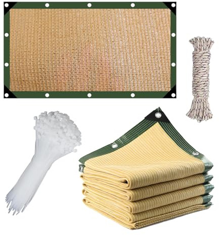 Toldo de sombra beige con 80% de protección UV para balcón, tela impermeable con ojales y borde verde, 4 x 7 m, red de parasol para exteriores