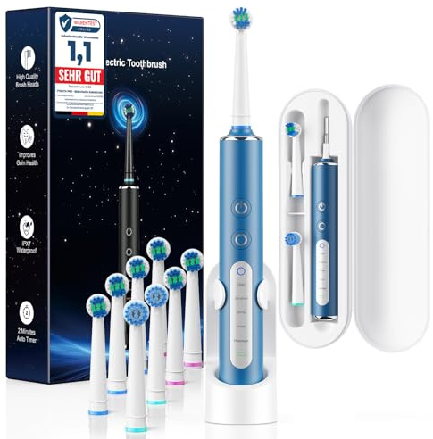 Spazzolino Elettrico Rotante per Adulti e Bambini con 3 Intensità e 5 Modalità, Electric Toothbrush con 8 Testine, Custodia da Viaggio, Impermeabile IPX7, Autonomia fino a 120 Giorni(Blu Scuro)