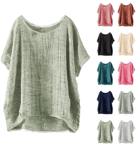 YGERGWE Womens Summer Tops, Cotton Linen Shirts Short Sleeve Casual Holiday Beach Blouse Ladies Soft Baggy Loose Plain Tee Shirt