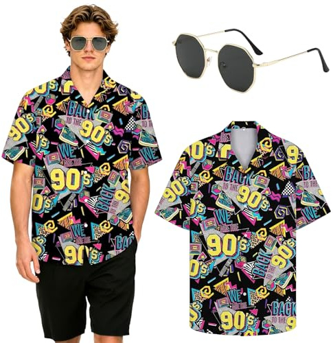 YYDSXK Chemise Hawaienne Homme Annee 90, Chemise Hawaïenne à Manches Courtes et Lunettes, Deguisement Annee 80 Homme, Haut à Manches Courtes Années 80 pour Loisirs Estivaux, Vacances, Carnaval