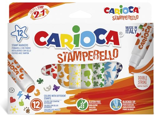 Carioca Rotuladores Stamperello, Multicolor - 12 Uds | Doble Punta Interactiva, Sellos Integrados, Tinta Superlavable, Punta Resistente, Fomenta Creatividad, Calidad Italiana