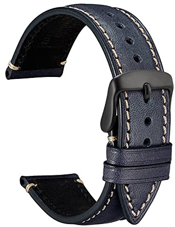 WOCCI 22mm Bracelet Montre pour Homme et Femme, Cuir Huilé Italien, Boucle Noire (Bleu Foncé)
